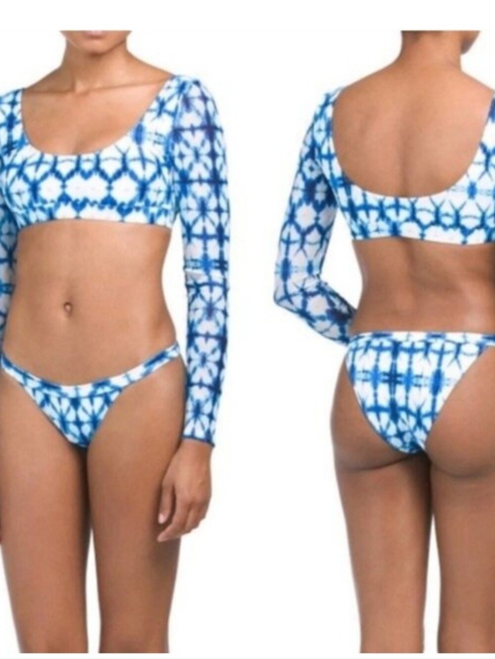 Cikada Long Sheer Sleeve Rash Guard Blue Tie-Dye Bikini Set - Women Swim